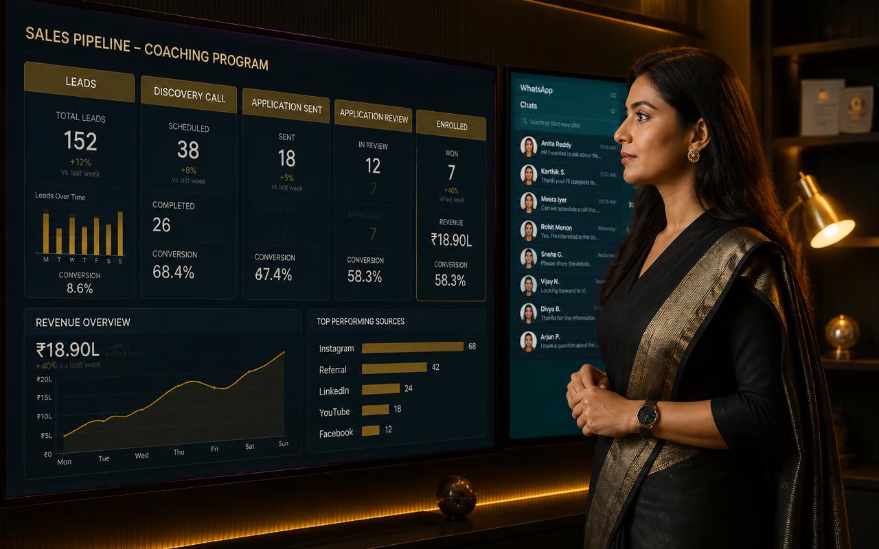 A coach reviewing an AI-assisted sales pipeline and WhatsApp conversations on a large screen